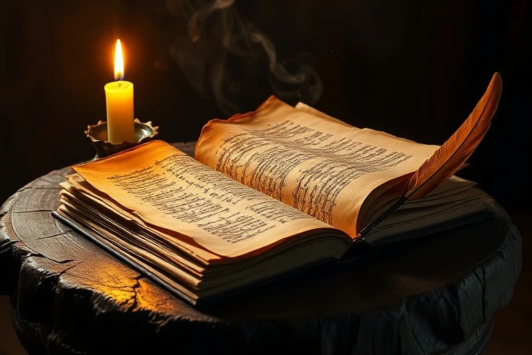 Una antigua mesa de estudio con pergaminos, un tintero de bronce y una pluma de ave, iluminada por la luz suave de una vela, simbolizando el trabajo erudito de los Doctores de la Iglesia.