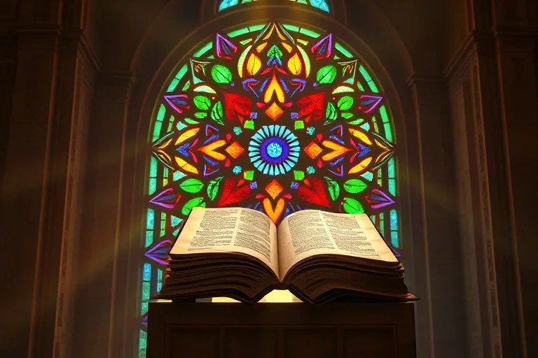 Un vitral abstracto y colorido que irradia luz, con patrones geométricos que simbolizan la difusión del conocimiento y la guía espiritual de los Doctores de la Iglesia.