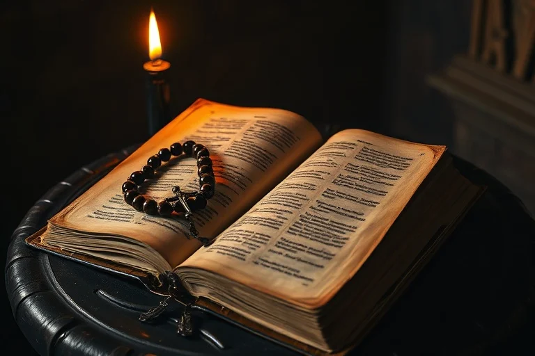 Primer plano de un antiguo texto teológico de cuero abierto sobre un altar de madera, con una vela parpadeante y un rosario, evocando la devoción espiritual.