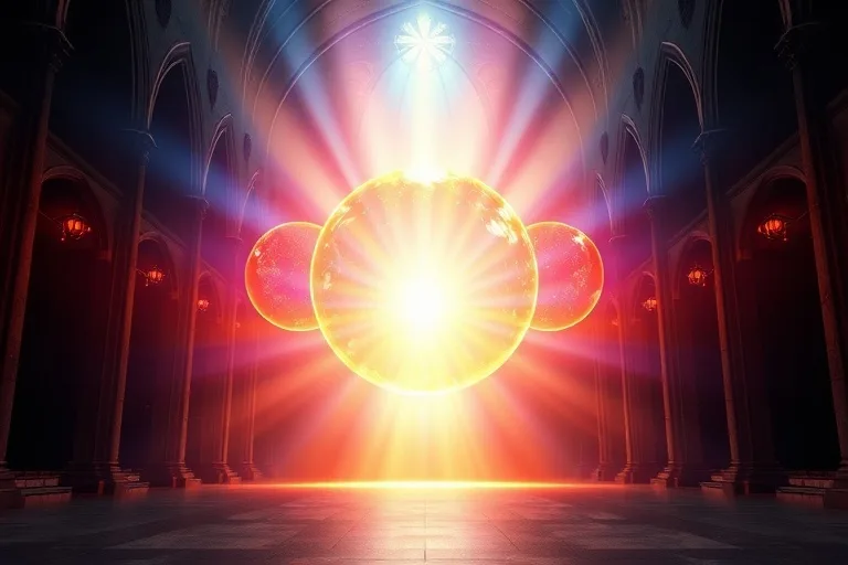 Render 3D abstracto de tres esferas interconectadas y brillantes, cada una de un color distinto, fusionándose en una única fuente de luz cósmica, simbolizando la unidad trinitaria.