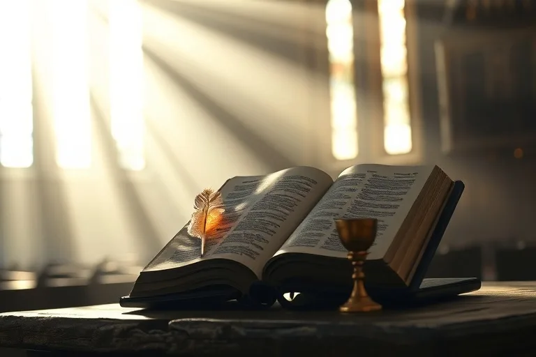 Fotografía cinematográfica de naturaleza muerta de una Biblia antigua y abierta sobre un altar de madera desgastado, iluminada por un único rayo de luz celestial. Junto a ella, una pluma delicada y brillante, que simboliza la inspiración divina, y un pequeño y elaborado cáliz. El fondo está suavemente desenfocado, sugiriendo un espacio sagrado.