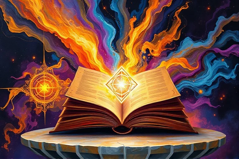 Pintura de Arte Conceptual, que representa colores vibrantes y arremolinados (dorado, púrpura, azul) convergiendo en una representación abstracta de energía y poder espiritual. Las pinceladas dinámicas sugieren movimiento e intervención divina, con sutiles patrones geométricos emergiendo del caos. La composición evoca misterio y una profunda experiencia espiritual.