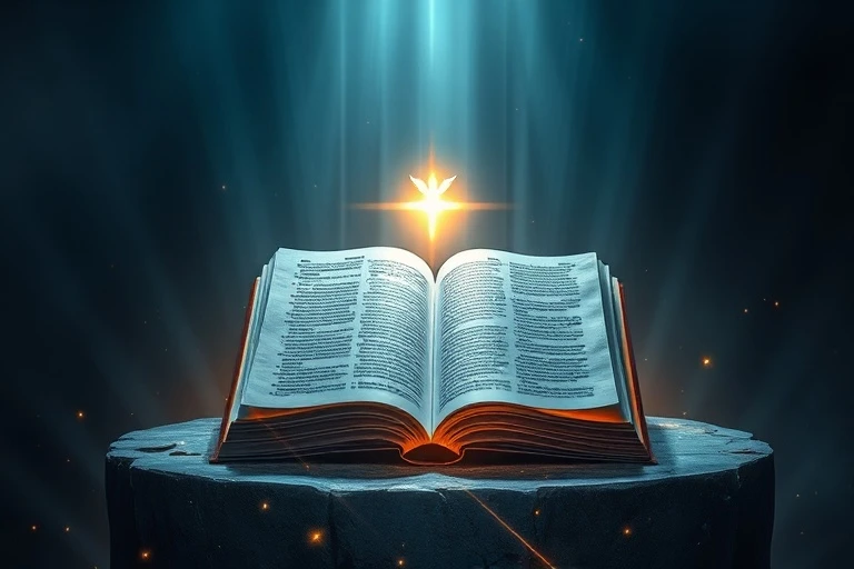 Una representación abstracta de la conexión espiritual, con haces de luz entrelazándose con símbolos antiguos y modernos, evocando la continuidad de la fe a través del tiempo.