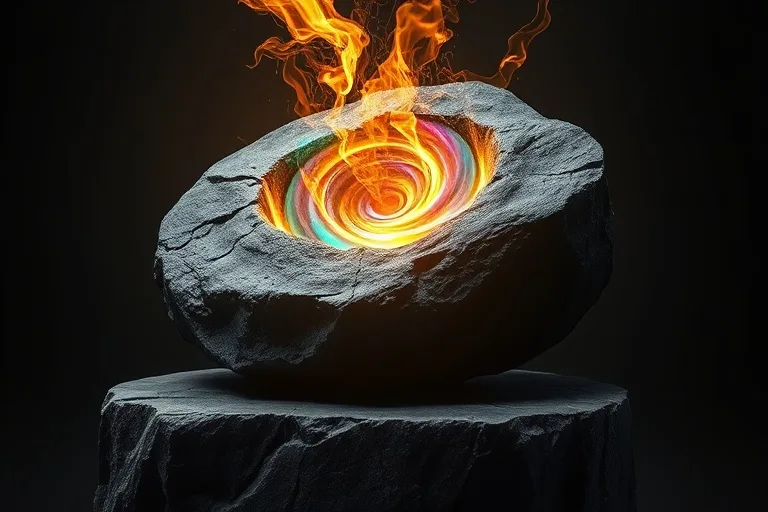 Arte conceptual abstracto de un vórtice de luz y color emergiendo de una piedra rugosa, simbolizando el despertar espiritual y la transformación interior.