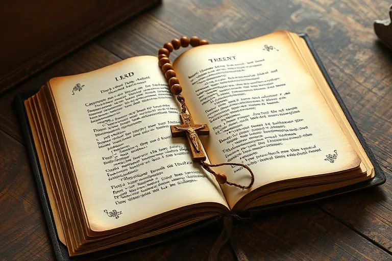 Antiguo libro de oraciones abierto con un rosario y un escapulario de tela marrón sobre una mesa de madera rústica, iluminado por una luz suave