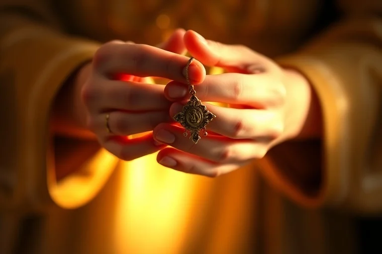 Manos unidas en oración sosteniendo un escapulario de la Virgen del Carmen, con una luz cálida que emana de él, simbolizando fe y esperanza