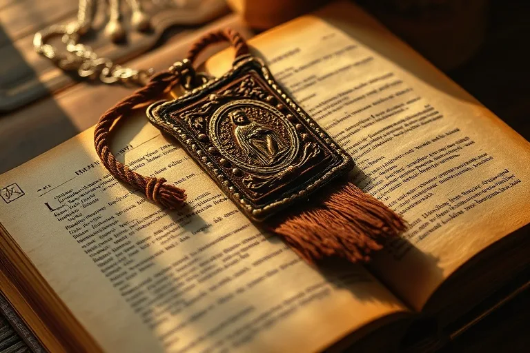 Fotografía vintage de un escapulario sobre un libro antiguo con iluminación cálida.