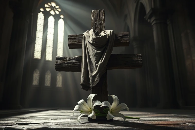 Pintura al óleo de un escapulario sobre una cruz de madera con un lirio blanco.