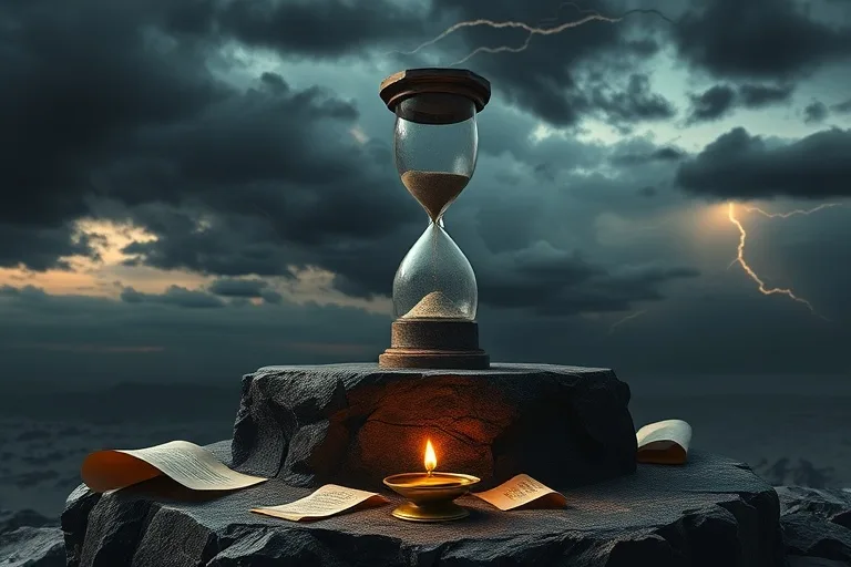Fotografía cinematográfica de un reloj de arena antiguo con los últimos granos de arena cayendo, sobre un pedestal de piedra, rodeado de pergaminos y una lámpara de aceite, bajo un cielo oscuro y tormentoso.
