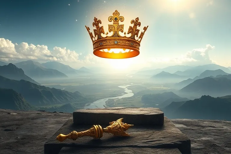 Pintura conceptual de una corona dorada con motivos celestiales flotando sobre un paisaje prístino de nueva tierra y cielos claros. Un cetro roto y descarte yace en el suelo oscuro debajo.