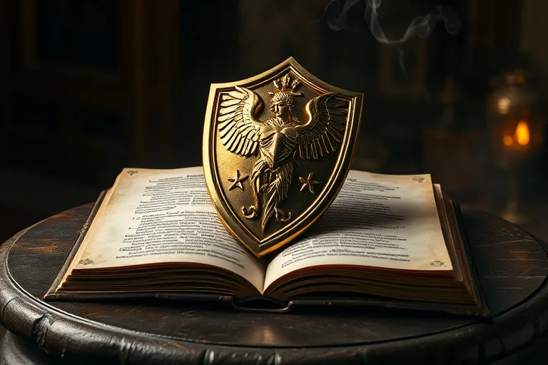 Libro antiguo de oraciones abierto con un escudo brillante, sobre un altar de madera.