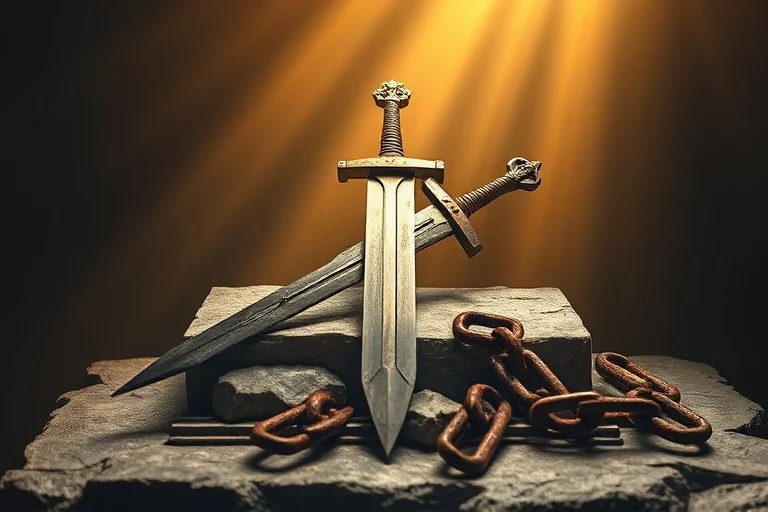 Espada antigua y cadenas rotas sobre un altar de piedra, iluminadas por luz divina