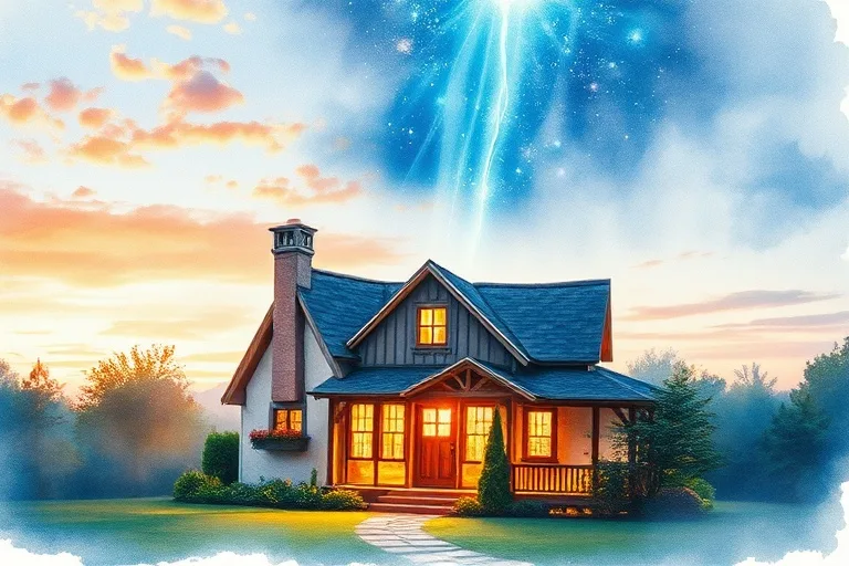 Pintura acuarela de un aura protectora alrededor de una casa serena en el crepúsculo
