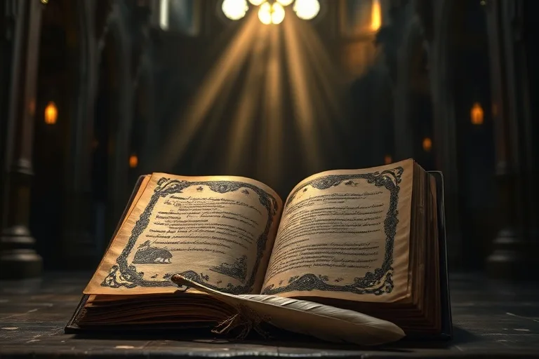 Libro antiguo abierto con páginas iluminadas y una pluma, símbolo de sabiduría divina