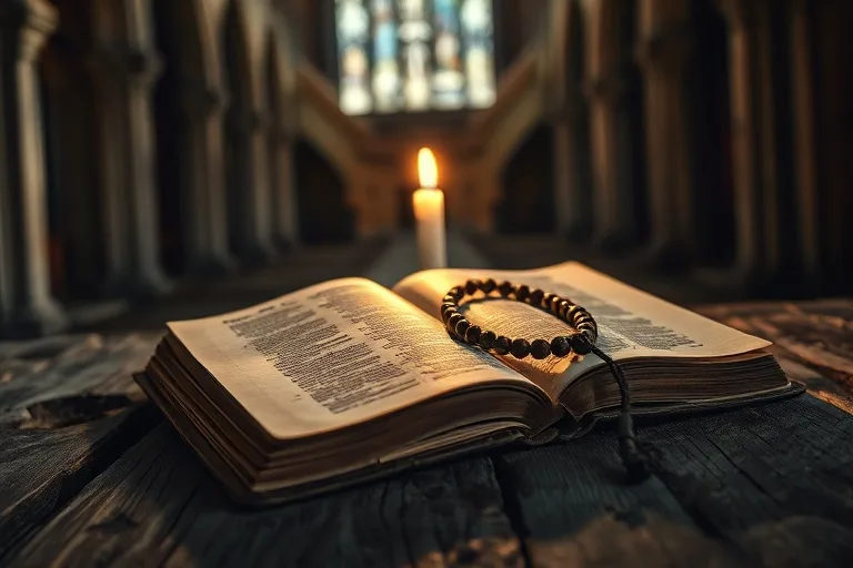 Una Biblia antigua y un rosario sobre un altar de madera, iluminados por una vela, simbolizando la meditación y el estudio espiritual.