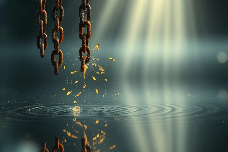 Cadenas rotas disolviéndose en luz sobre un estanque tranquilo, simbolizando la liberación de ataduras espirituales y la paz interior.