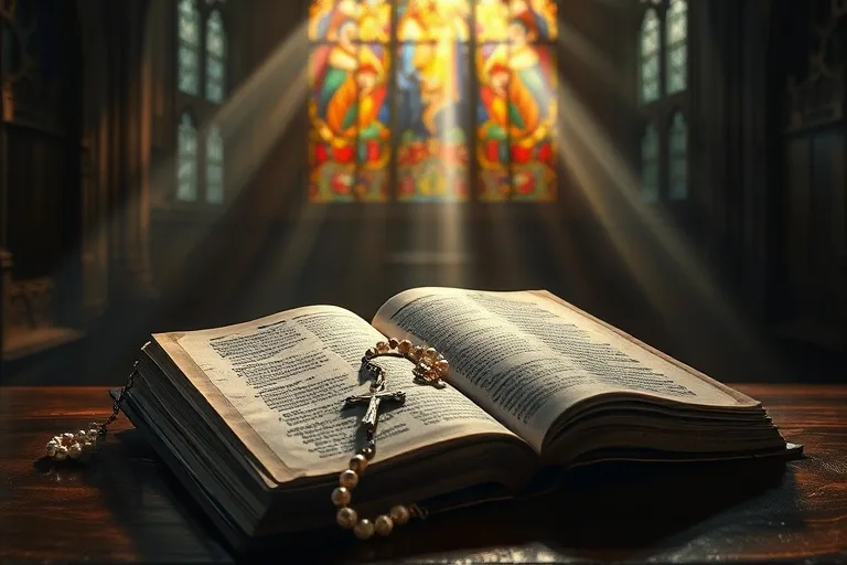Pintura al óleo de un misal abierto y un rosario, iluminados por la luz de un vitral, simbolizando la devoción eucarística.