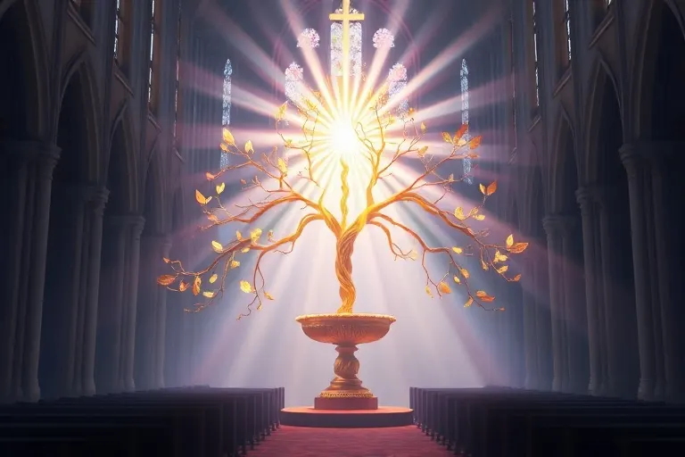 Ilustración 3D abstracta de crecimiento espiritual con vides doradas y hojas luminosas que emanan de una Eucaristía estilizada.