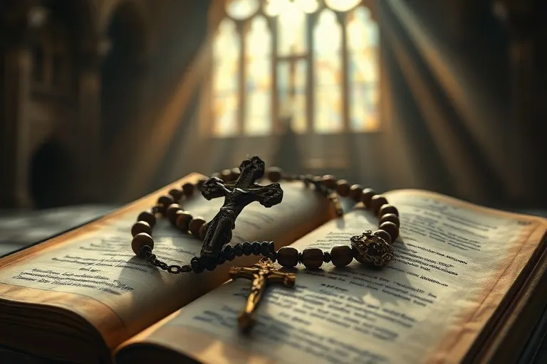 Un rosario antiguo de madera y metal, con un crucifijo detallado, descansando sobre un libro de oraciones abierto con páginas amarillentas. La luz tenue ilumina los objetos, creando una atmósfera de devoción y antigüedad.