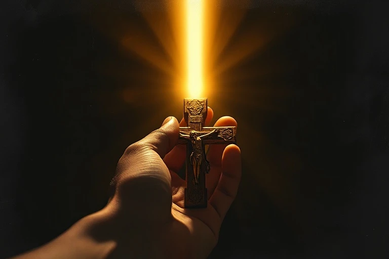 Una mano sosteniendo un crucifijo antiguo, con un rayo de luz divina que desciende sobre él, simbolizando la fe y la protección. El fondo es oscuro y etéreo, realzando la solemnidad del momento.