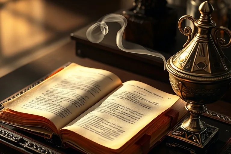 Una antigua Biblia abierta sobre un atril de madera, con una luz dorada que ilumina el texto. Al lado, un incensario emite una suave columna de humo aromático, creando una atmósfera de reverencia y purificación espiritual. El enfoque está en los detalles del pergamino y el brillo del metal.