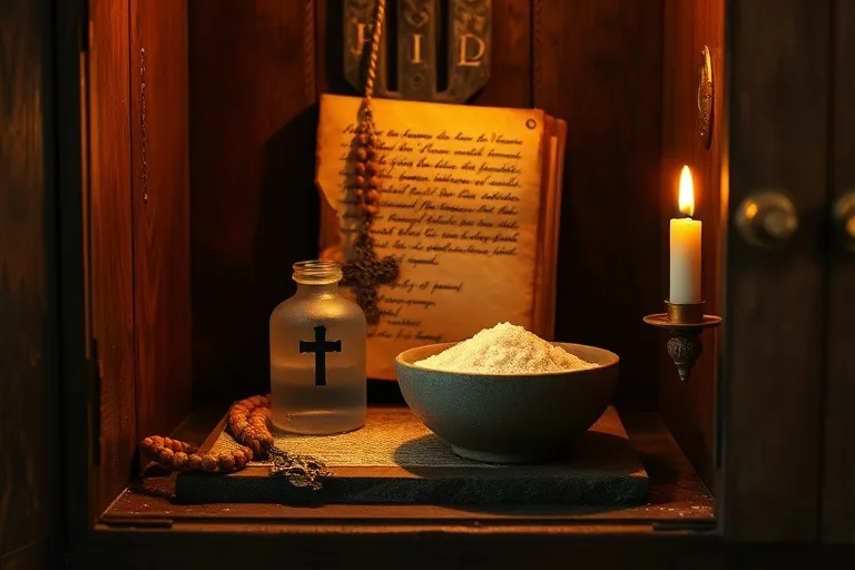 Una antigua vitrina de madera con varios objetos religiosos: una pequeña botella de agua bendita, un puñado de sal bendita en un cuenco de cerámica, y un rosario colgando delicadamente. La luz de una vela cercana ilumina los objetos, creando un juego de sombras y realzando su significado espiritual.