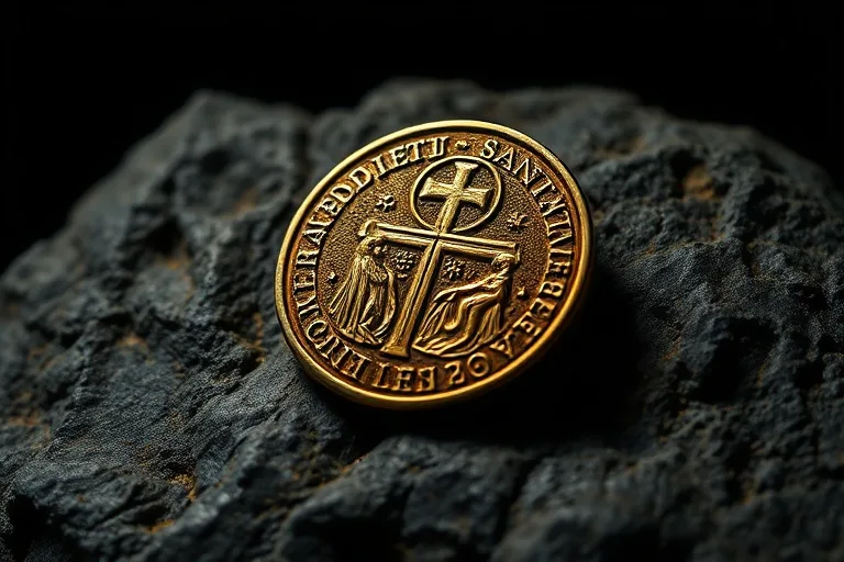 Una antigua medalla de San Benito de cerca, con detalles intrincados del santo y la cruz, sobre una superficie de piedra desgastada, iluminada por una luz tenue.