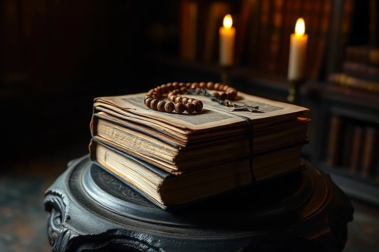 Una pila de libros antiguos de teología y espiritualidad, con un rosario de madera y un crucifijo de metal descansando sobre ellos, en un ambiente de estudio sereno con luz de vela.