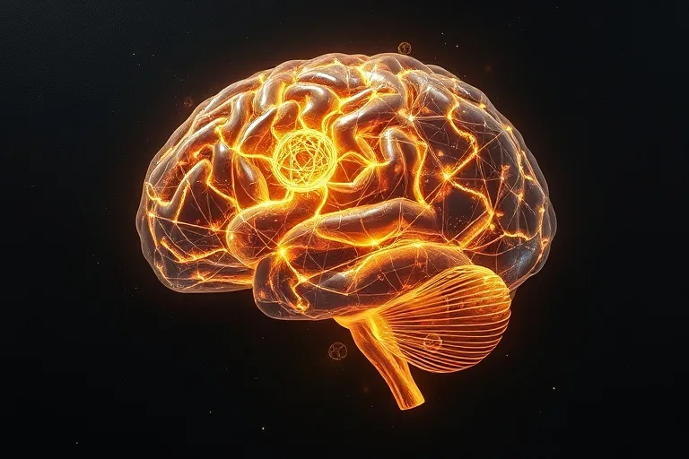 Renderizado 3D de vías neurales dentro de un cerebro translúcido, entrelazadas con hilos de luz que forman patrones espirituales, flotando en un espacio oscuro.
