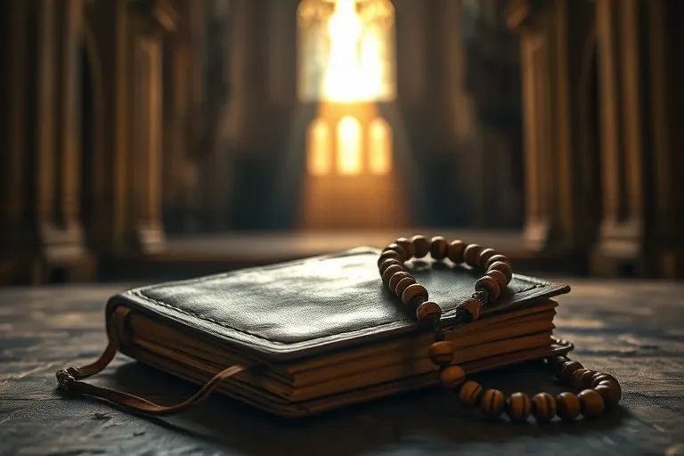Diario antiguo y rosario sobre una mesa de madera, iluminados por un rayo de luz, simbolizando las revelaciones de Santa Faustina.