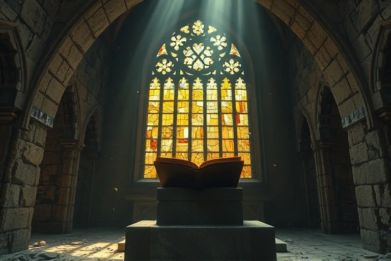 Ventana de vidrieras rota en una iglesia en ruinas, con haces de luz atravesando los fragmentos, simbolizando el sacrificio y la luz perdurable de la fe.