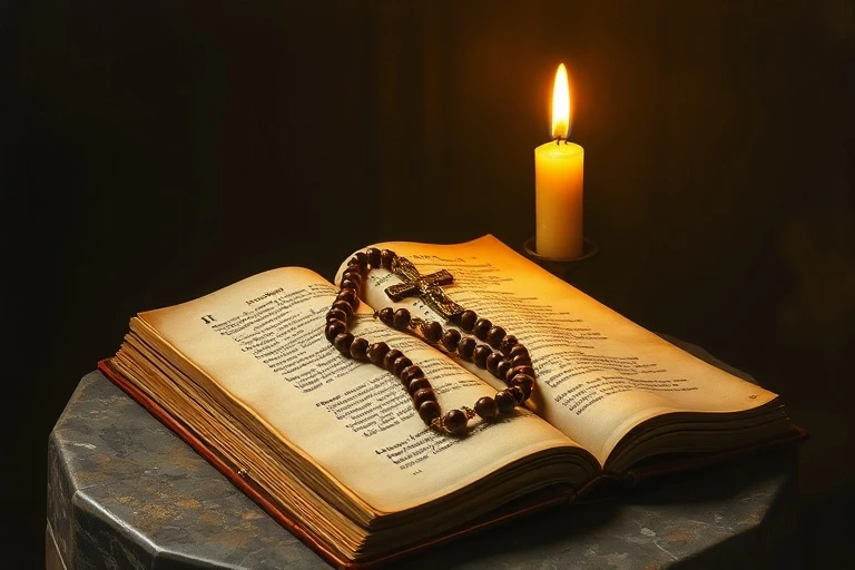 Pintura al óleo de un rosario antiguo sobre un libro de oraciones abierto, con una vela parpadeante, simbolizando la devoción y el peso histórico de los mensajes de Fátima.