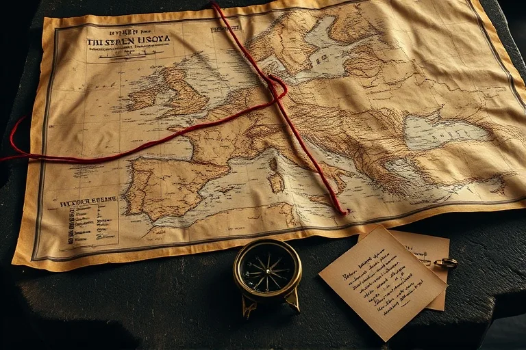 Arte conceptual de un mapa antiguo de Europa con un hilo rojo hacia Rusia, notas manuscritas y una brújula, simbolizando las profecías geopolíticas de Fátima.