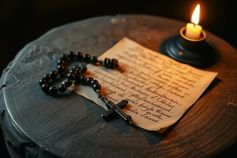 Rosario antiguo y una carta manuscrita sobre una mesa de madera rústica, iluminados por una vela
