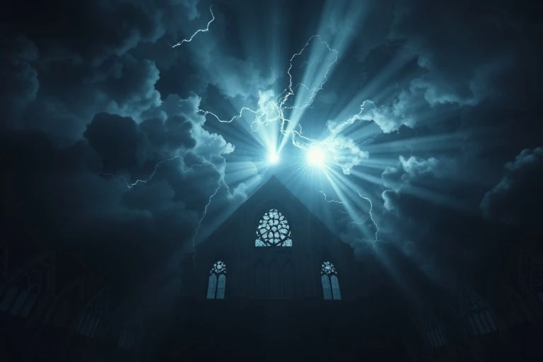 Representación abstracta de una advertencia o señal celestial con patrones de luz etéreos y fondo tormentoso