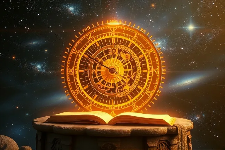 Ilustración digital 3D de un intrincado mecanismo de reloj cósmico con engranajes de luz y cuerpos celestes, simbolizando el orden divino