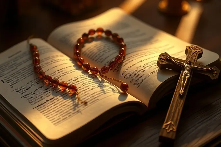 Rosario sobre una Biblia abierta, con un crucifijo, iluminados por una luz cálida, evocando devoción.