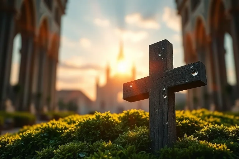 Cruz de madera sobre musgo con rocío, silueta de iglesia al amanecer, simbolizando esperanza y renovación espiritual.