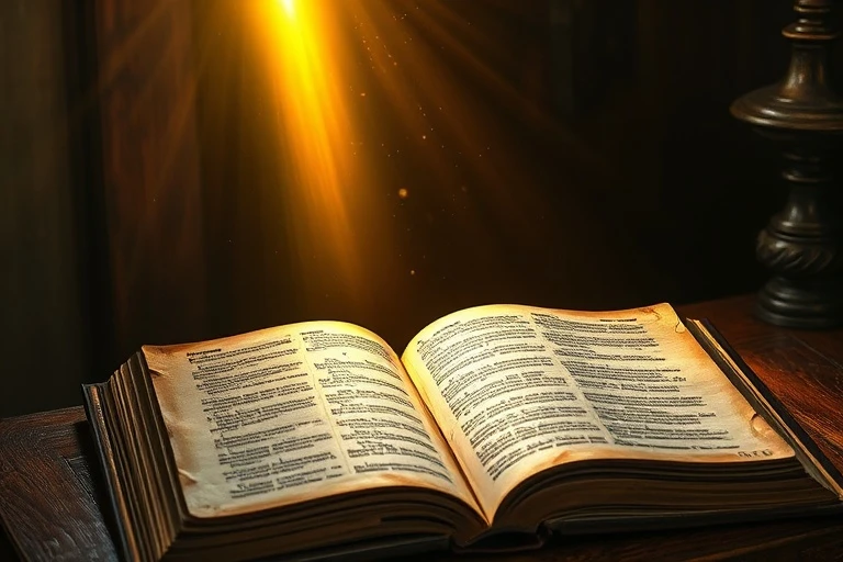 Antigua Biblia abierta sobre un altar de madera, iluminada por un rayo de luz divina