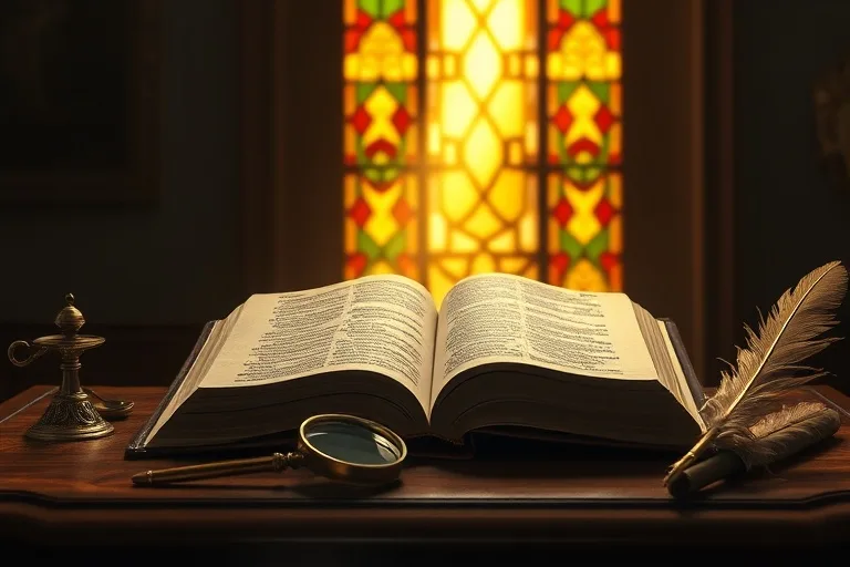 Fotografía cinematográfica de una Biblia antigua de cuero abierta sobre un atril de madera, iluminada por un rayo de luz que atraviesa un vitral, rodeada de lupas y plumas antiguas.