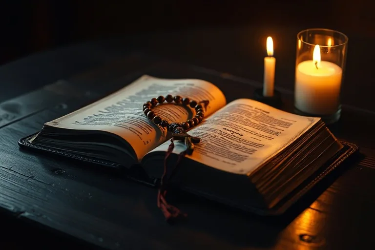 Un antiguo libro de oraciones abierto con un rosario y una vela encendida en una mesa de madera, simbolizando la devoción y la tradición de la fe.