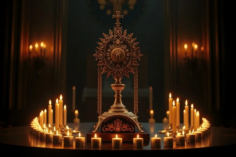 Una monstrancia dorada sobre un altar de madera oscura, con velas votivas parpadeando a su alrededor, creando un ambiente de solemnidad y reverencia.