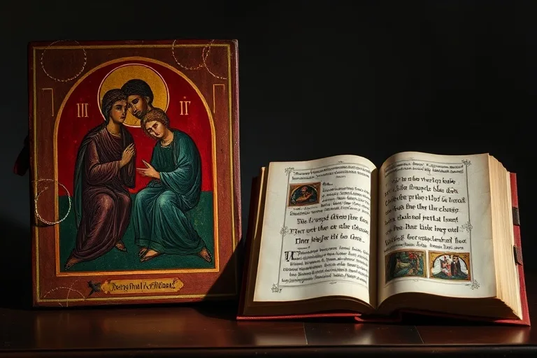 Antiguo icono bizantino y manuscrito medieval occidental de la Trinidad