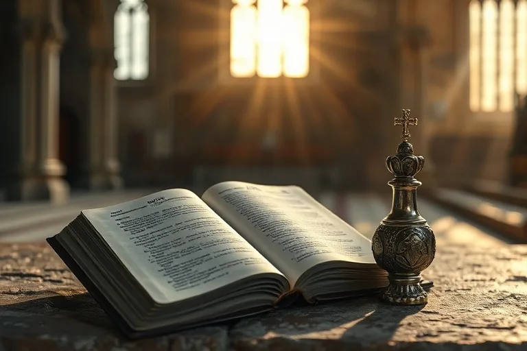 Biblia abierta con pasaje sobre sanación y cruet de aceite en altar, en primer plano