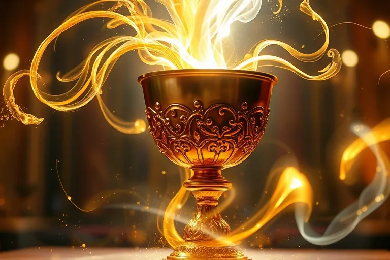 Flujo de luz dorada y plateada entrelazándose en un cáliz, simbolizando gracia divina
