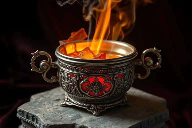 Fotografía macro de un incensario de plata vintage con resina de incienso y carbón humeante, sobre terciopelo oscuro.