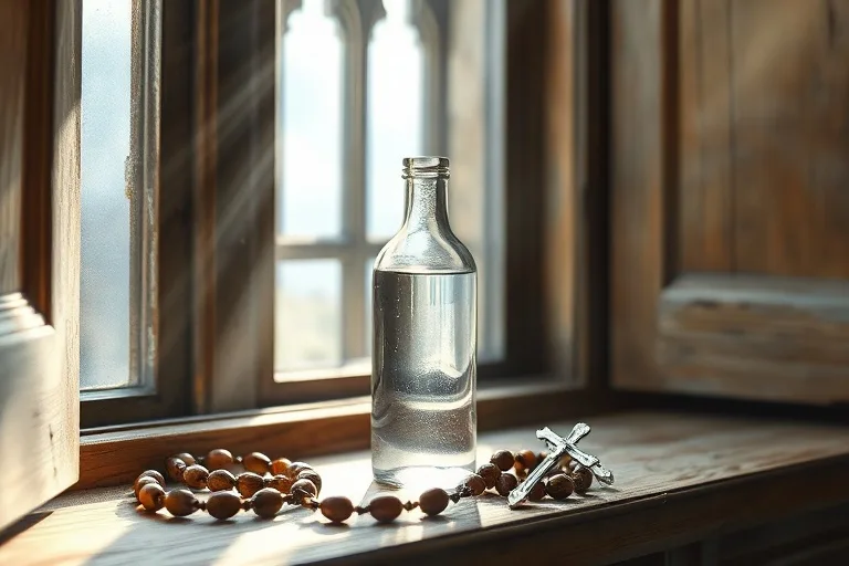 Pintura de acuarela de una botella de agua bendita con un rosario en un alféizar de ventana, evocando paz y devoción.