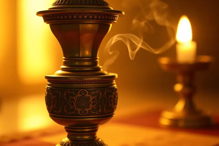 Censer con incienso y mirra, con una suave luz que sugiere un ambiente de oración y meditación personal.