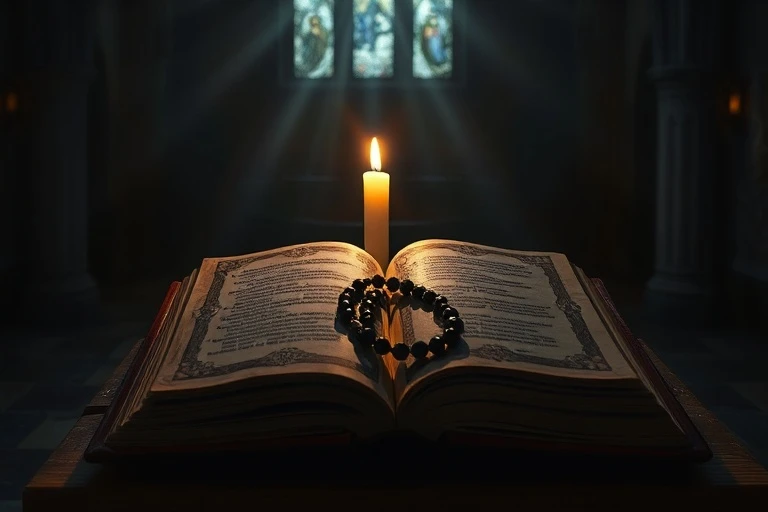 Libro de oraciones antiguo abierto con un rosario y luz de vela en un altar de madera.