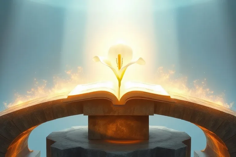 Ilustración abstracta de un puente espiritual conectando la tierra con el cielo, con una flor de lirio radiante flotando.
